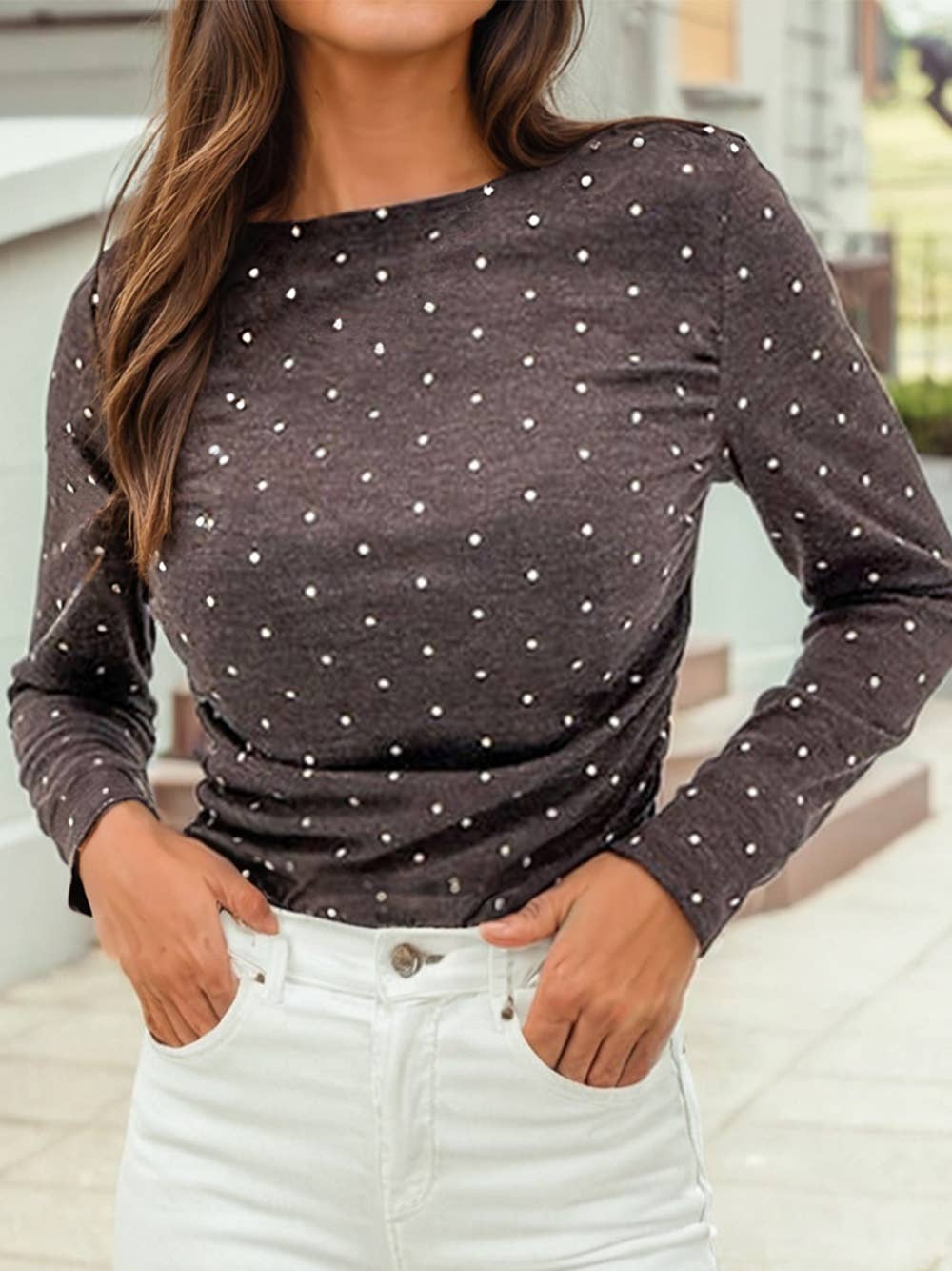 Polka Dot Boat Neck Knit Long Sleeve T Shirt