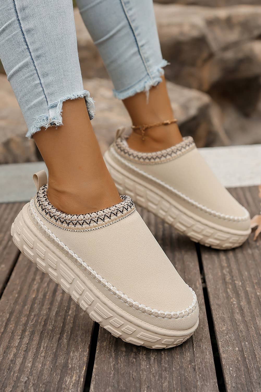Stitch Detail Suede PU Plush Slippers | US7-10
