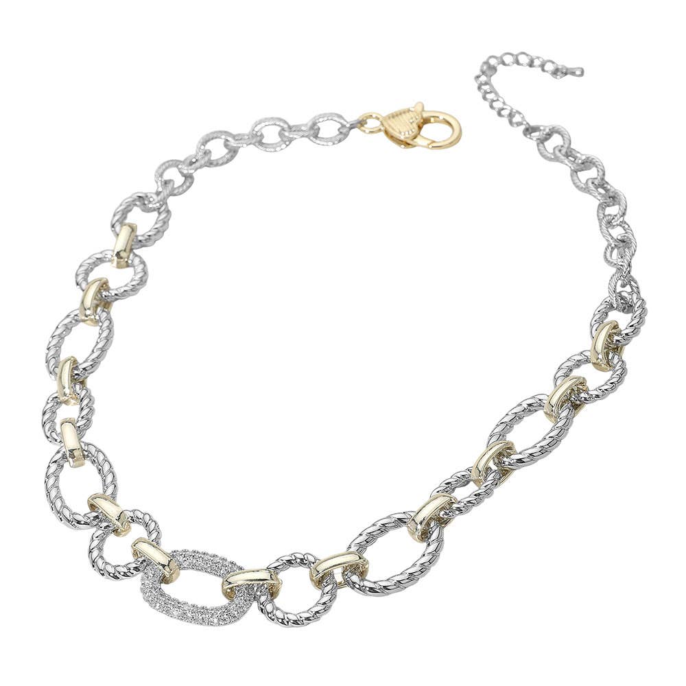 14K Gold Plated CZ Stone Paved Link Accent Two Tone Chunky Chain Necklace