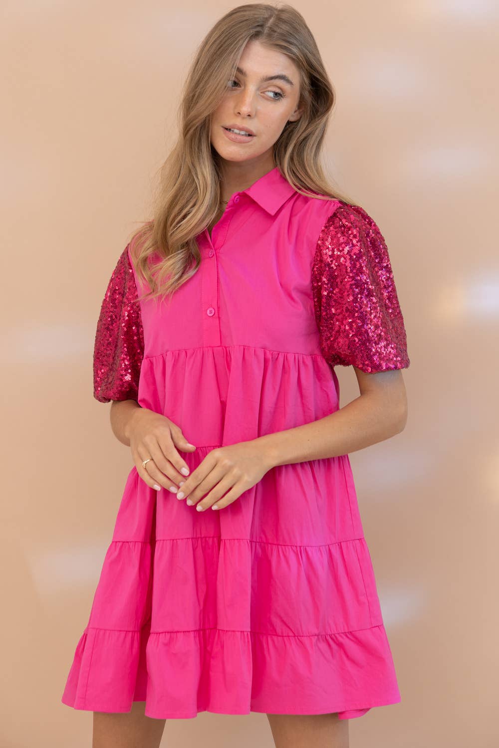 Sequin Puff Tiered Button Up Dress