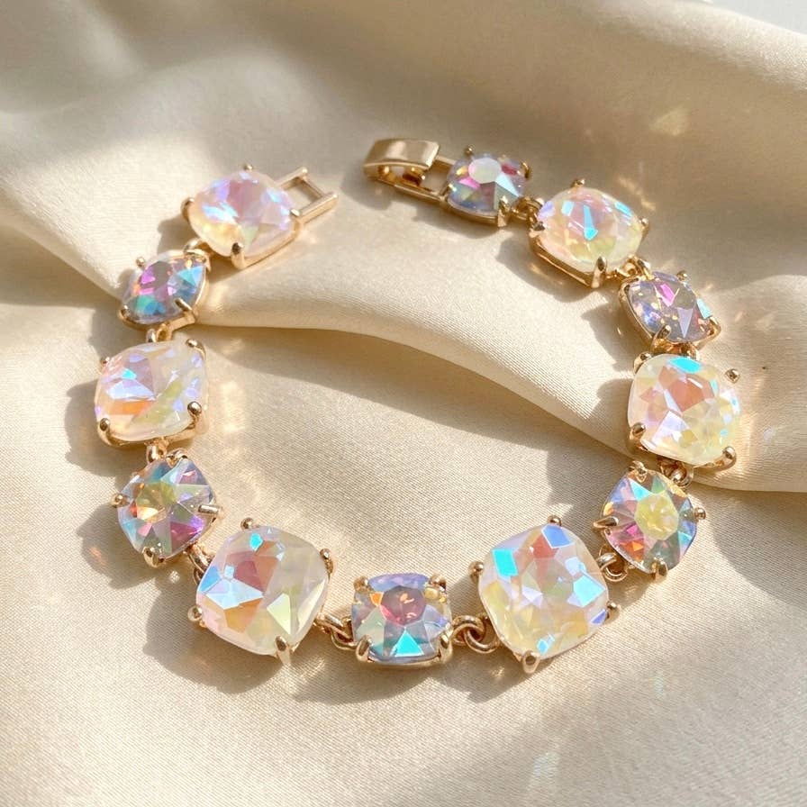 Cushion Cut Glass Crystal Linked Station Bracelet