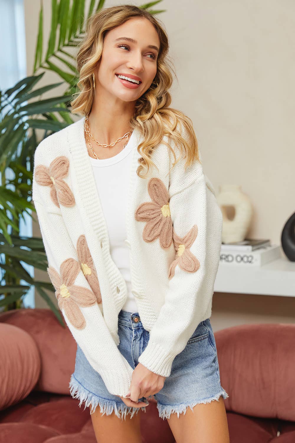Cozy Ivory Mocha Flower Cardigan