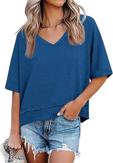 V Neck Loose Fit Tee Casual Short Sleeve Summer Top