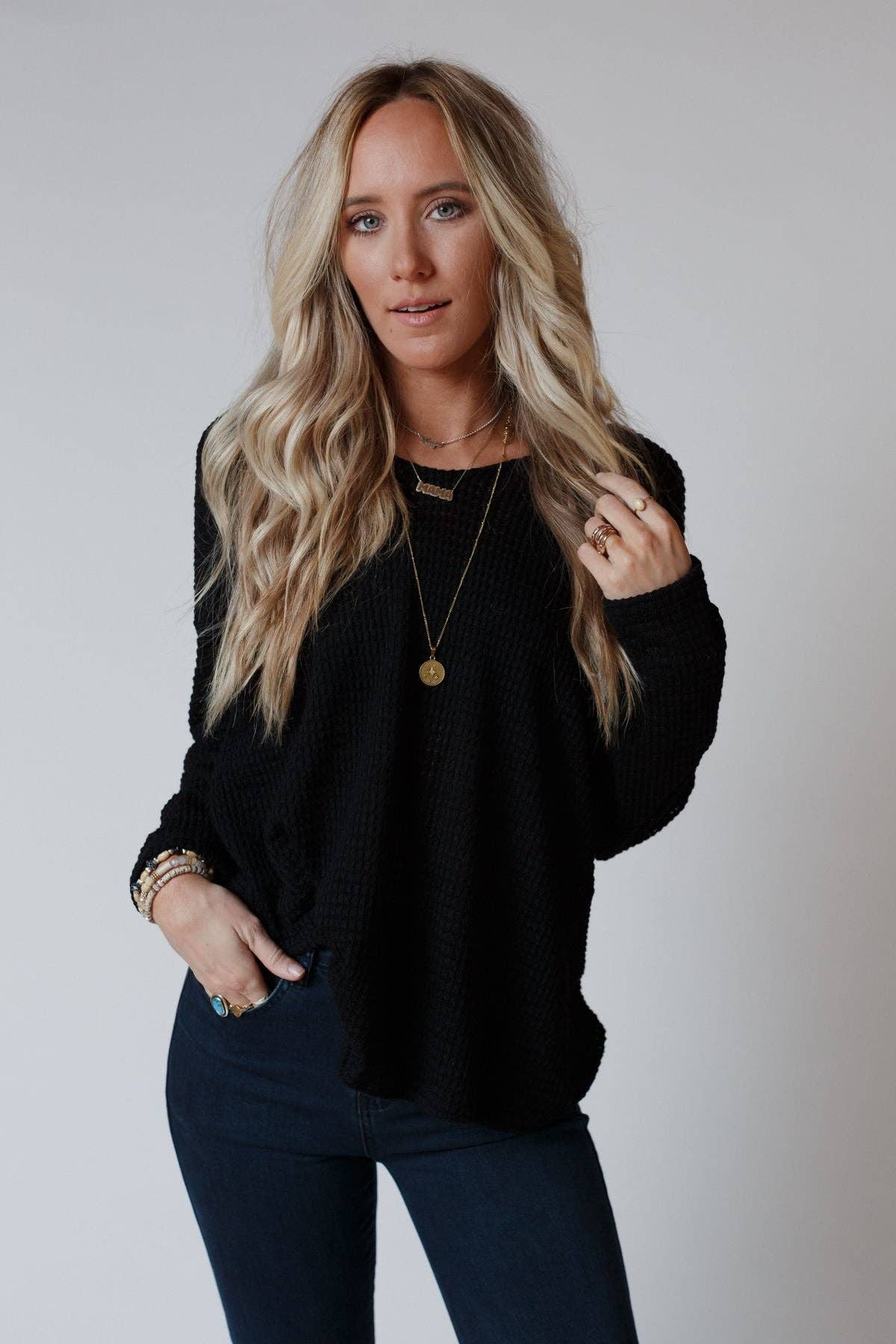 Open Back Thermal Knit Top - Black
