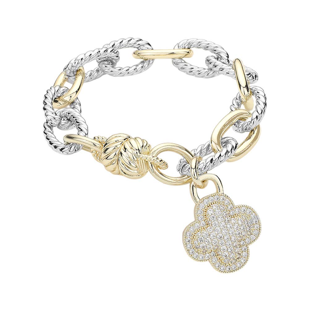 14K Gold Plated Two Tone CZ Paved Quatrefoil Charm Bracelet