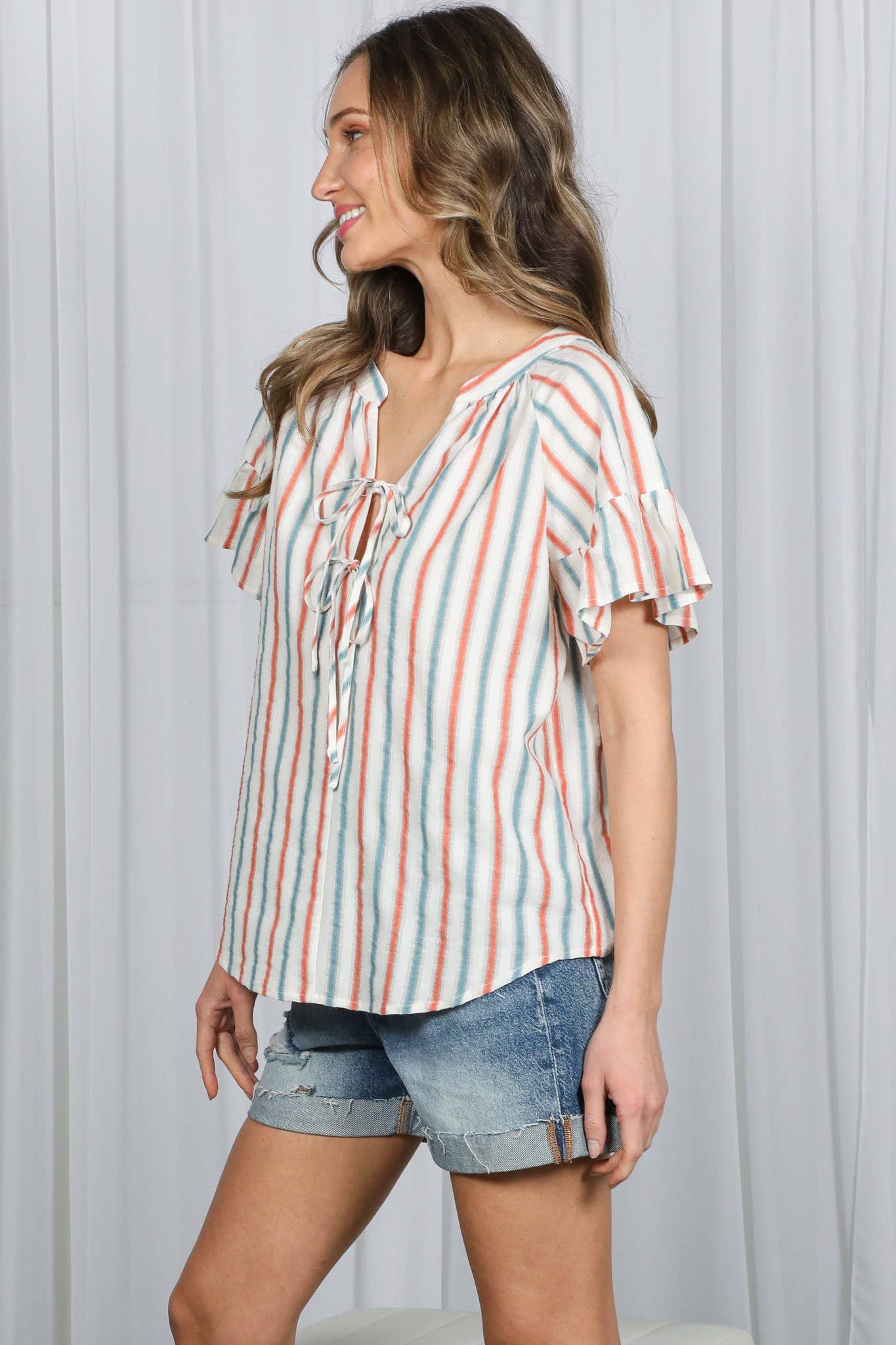 Striped Tie Front Cotton Top