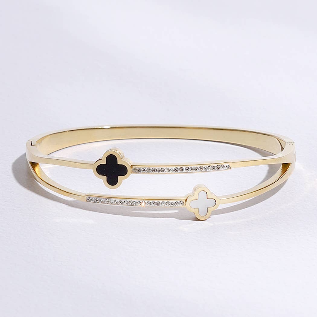 Gold Plated Two Tone Clover CZ Bangle Bracelet