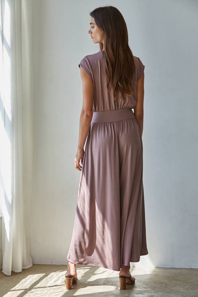 Mocha Knit V-Neck Tied Jumpsuit