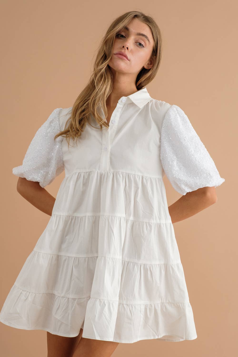 Sequin Puff Tiered Button Up Dress