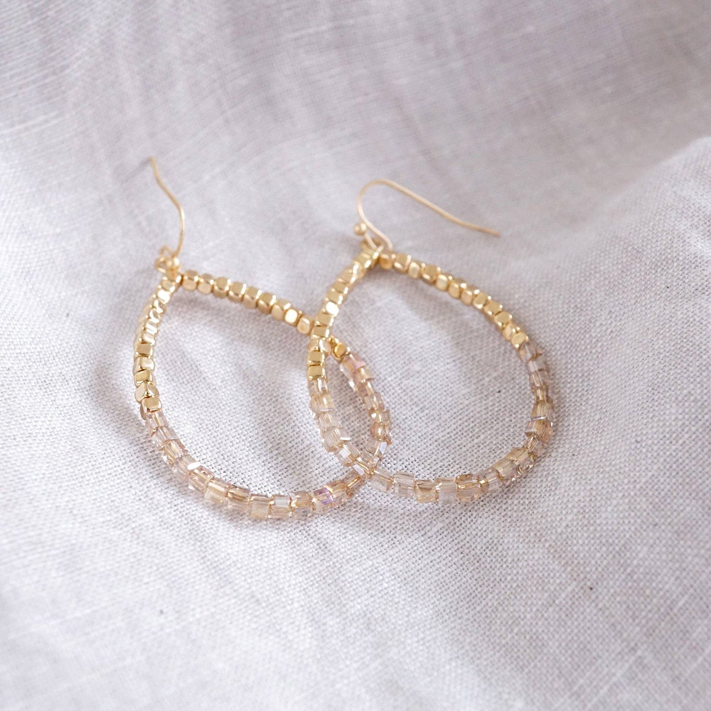 Glass & Gold Beaded Teardrop Earrings Purple