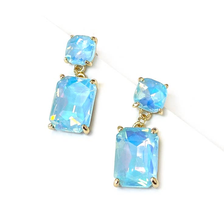 Double Square Linked Crystal Glass Dangle Earrings