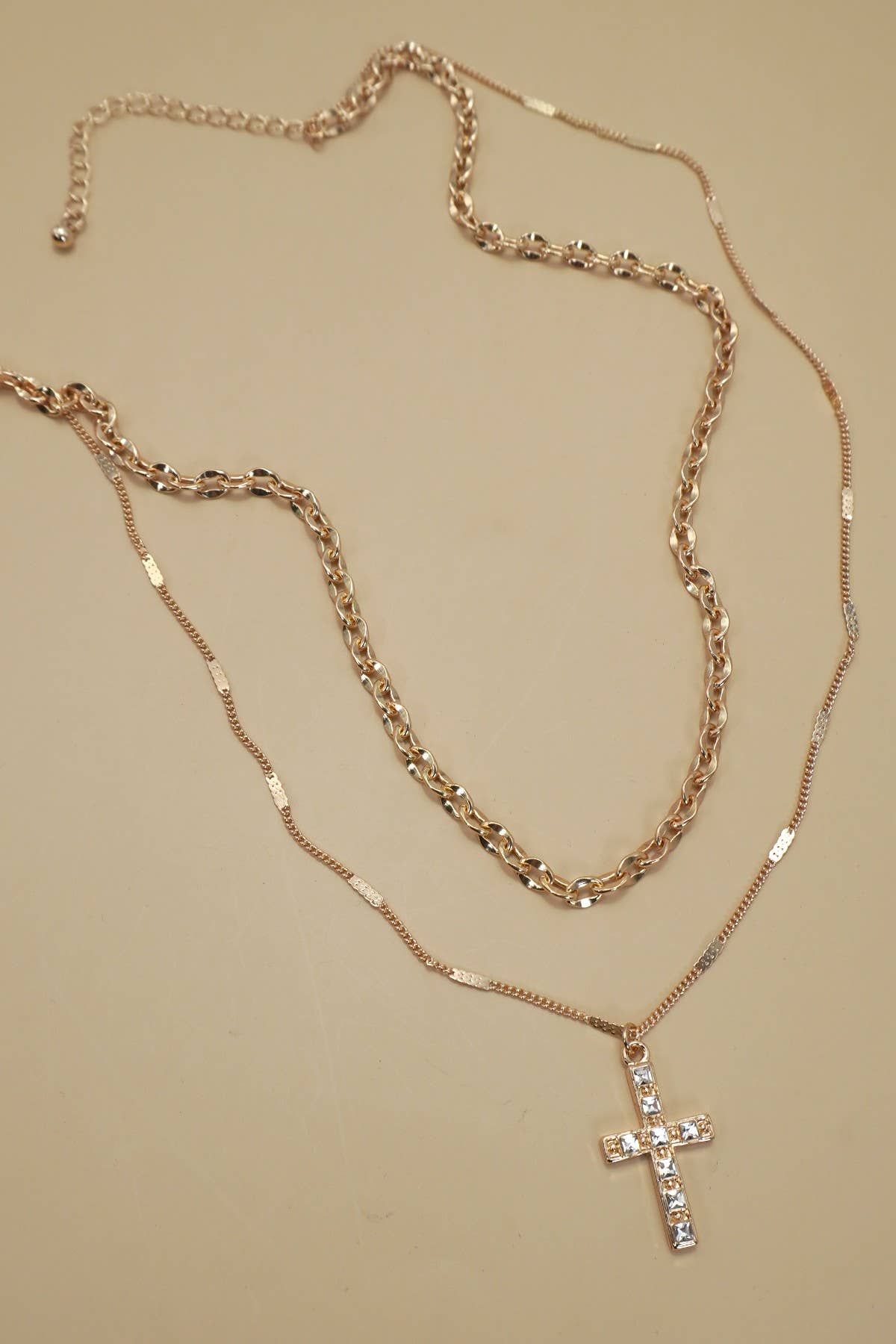 DOUBLE LAYER RHINESTONE CROSS NECKLACE |