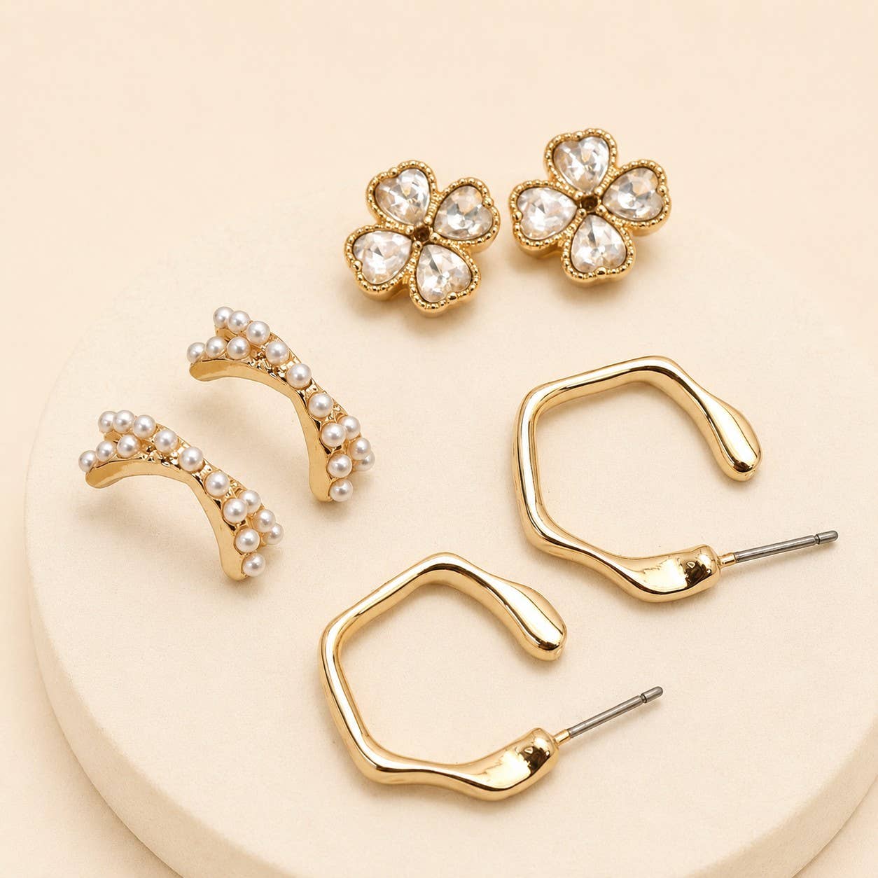 Floral Gem Pearl Hoop Trio Earrings