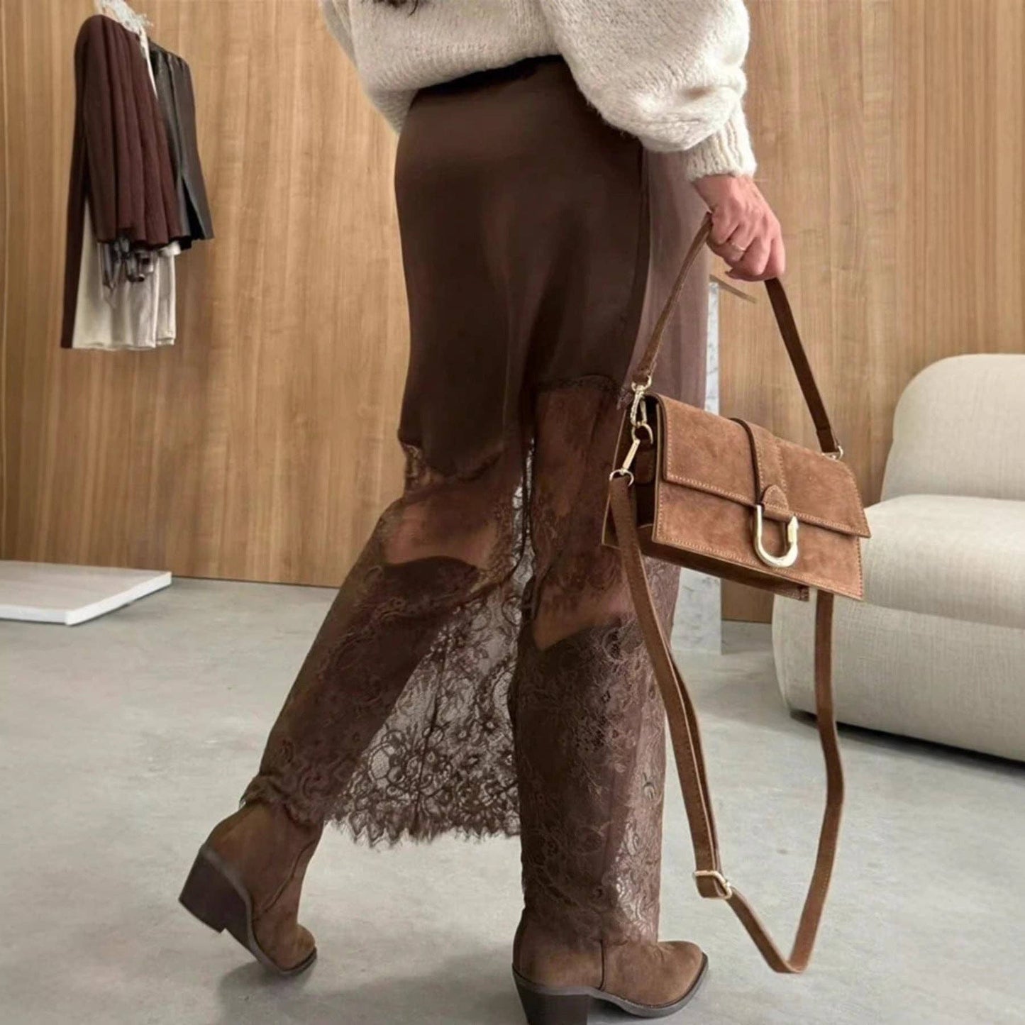 Women’s Brown Satin Lace High Waist Midi Skirt