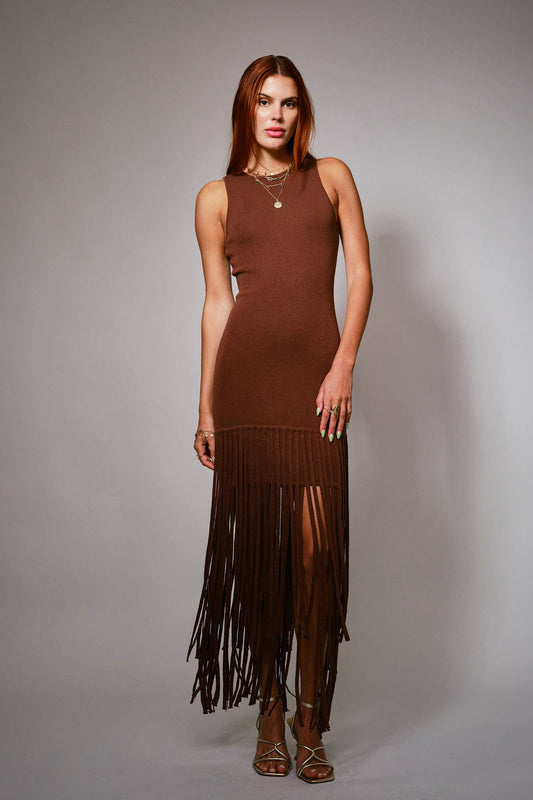 Chocolate Fringe Hem Knit Maxi Dress