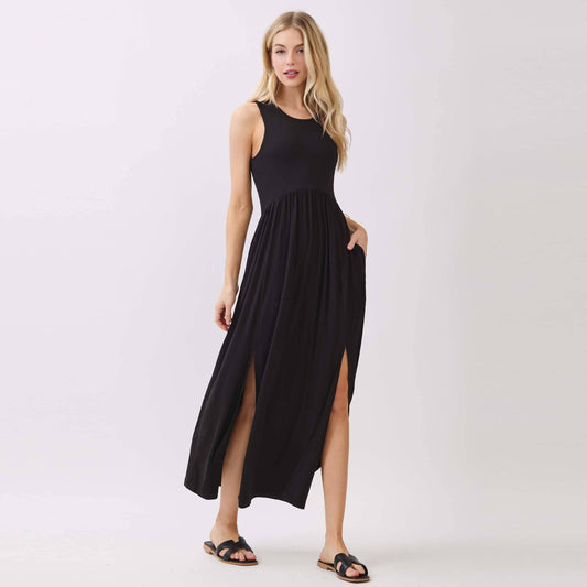 Black Midi Dress with Front Slits