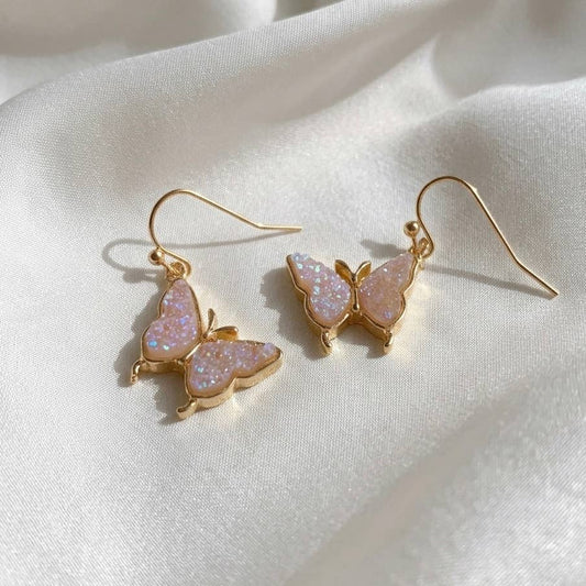 Butterfly Resin Glitter Druzy Dangle Fish Hook Earrings