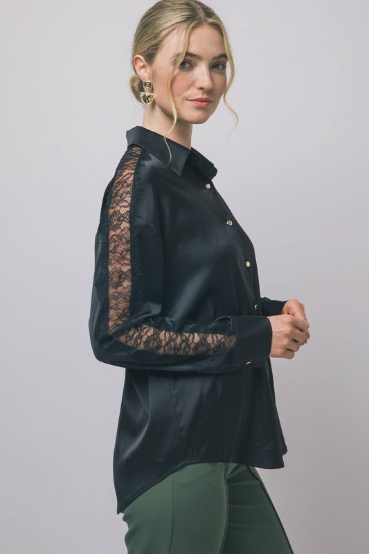 Black Satin Lace-sleeve Button Shirt