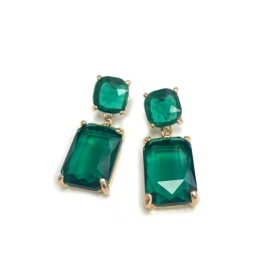 Double Square Linked Crystal Glass Dangle Earrings