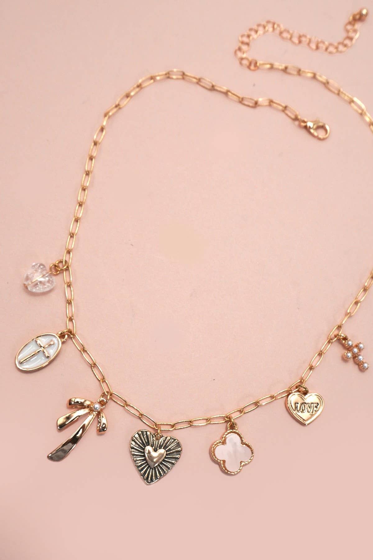 CHARM NECKLACE-CLOVER BOW CROSS HEART