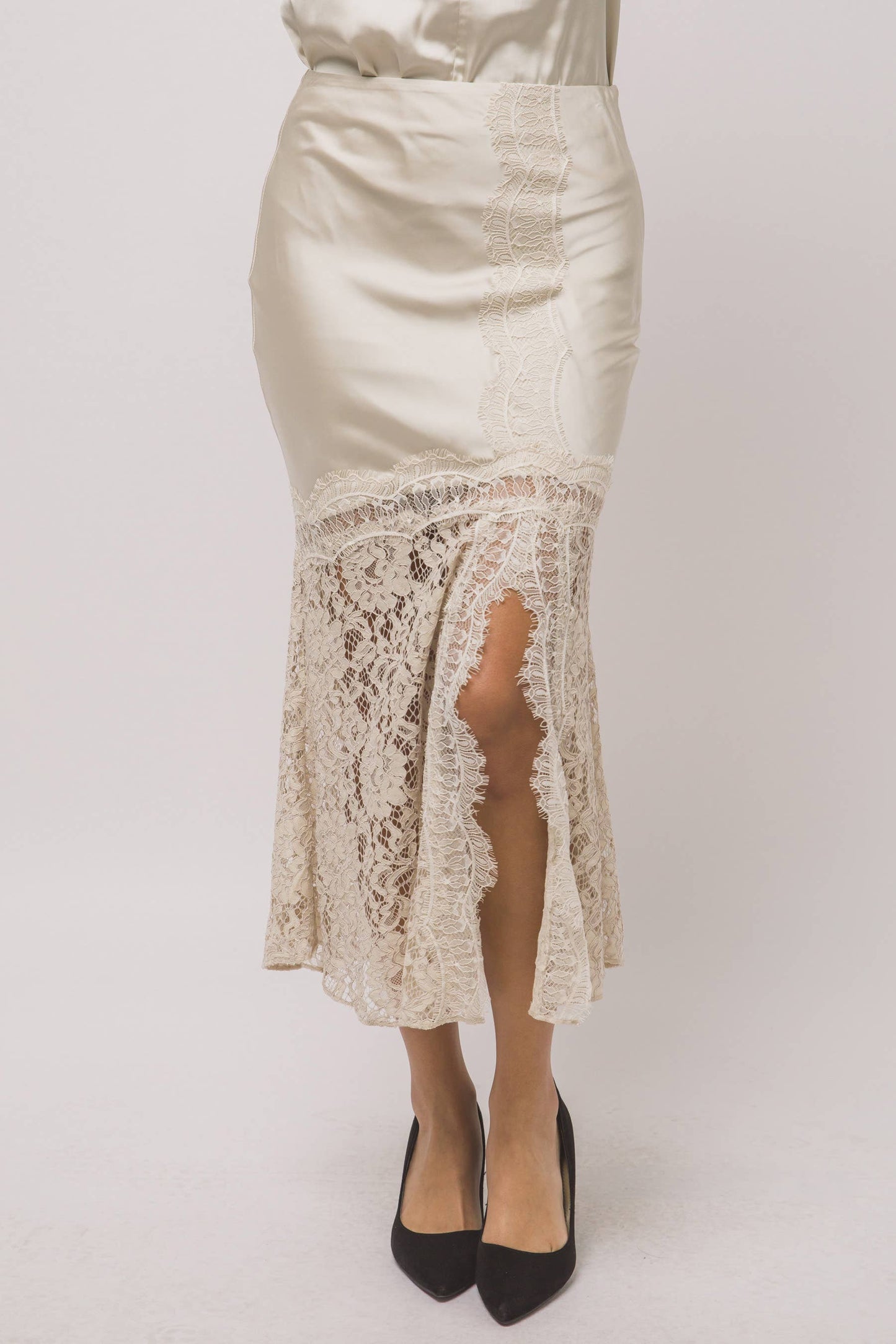 Satin Lace Midi Skirt