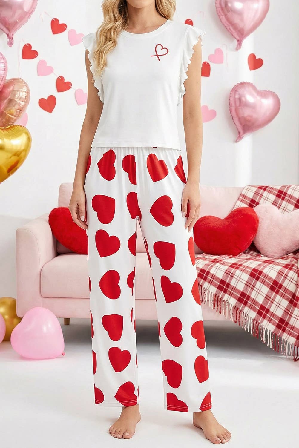 Valentine Ruffled Heart Print Lounge Set