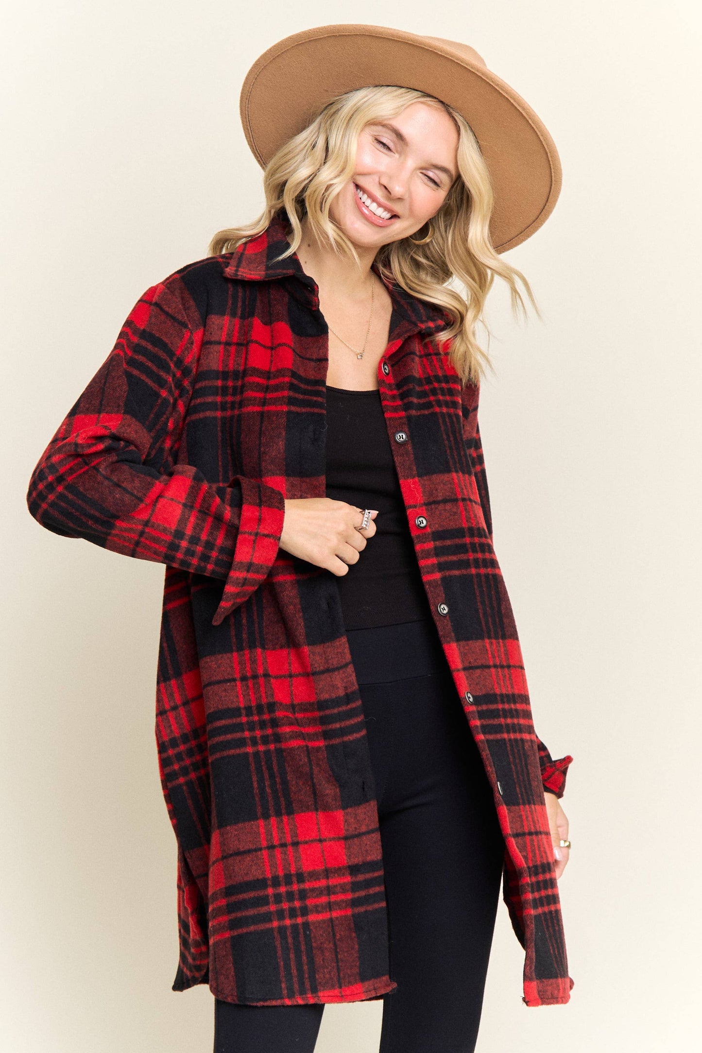 R&Blk BUTTON DOWN FLANNEL SHACKET