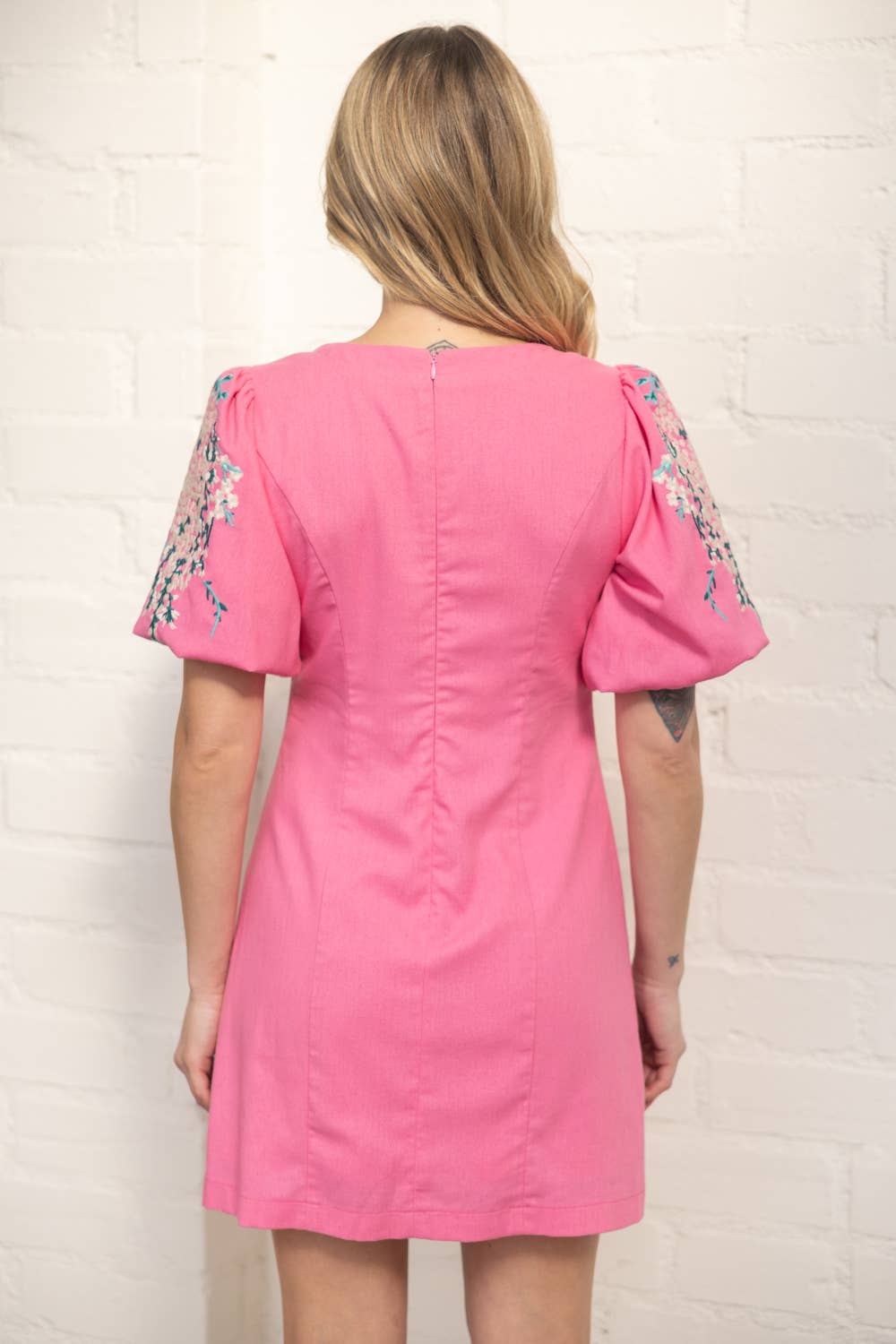 Floral Embroidered Bubble Sleeve Mini Dress