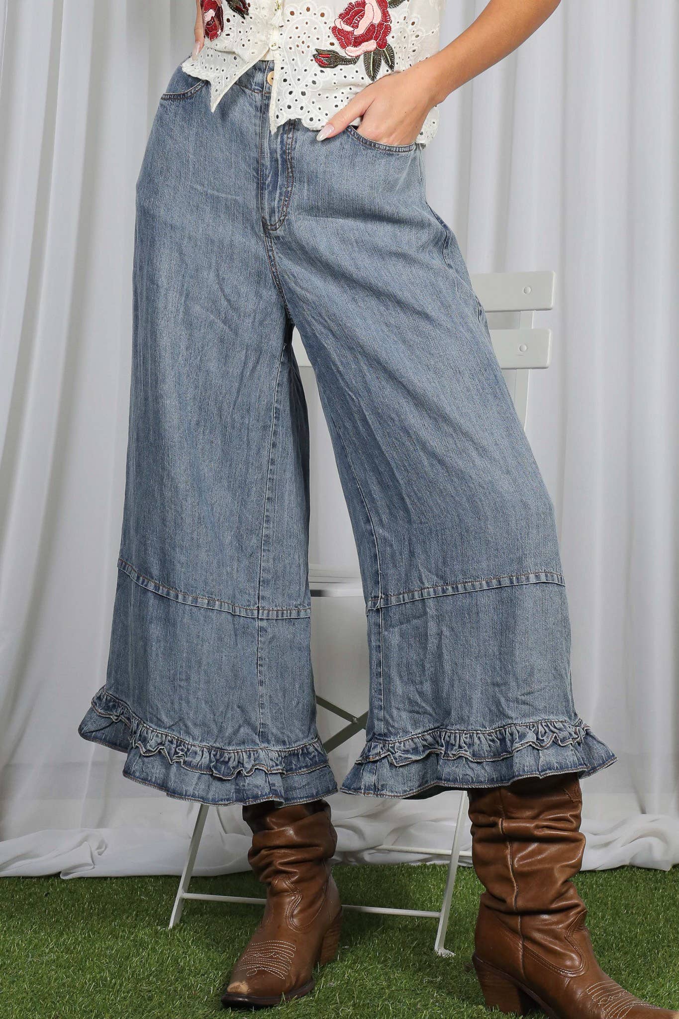 Ruffle Hem Chambray Denim Pants