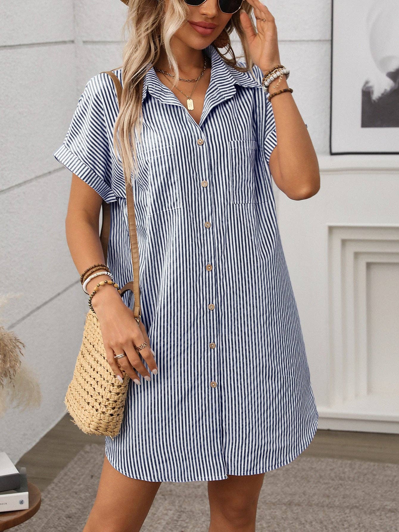 Striped Button Down Shirt Dress Casual Summer Midi