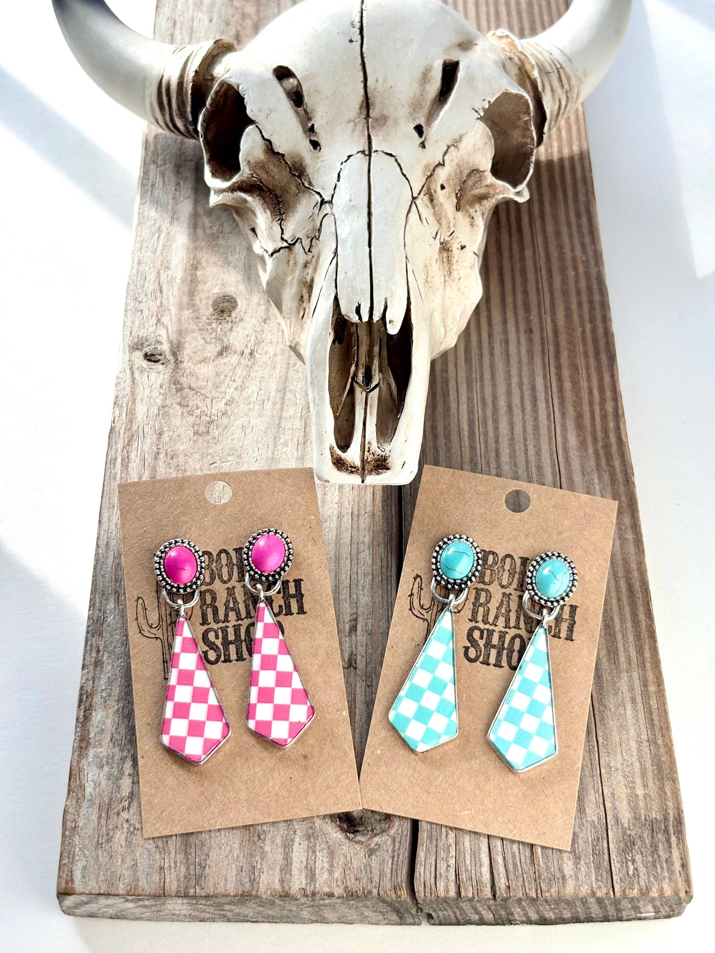 Western Style Stone & Checkerboard Post Drop Dangle Earrings