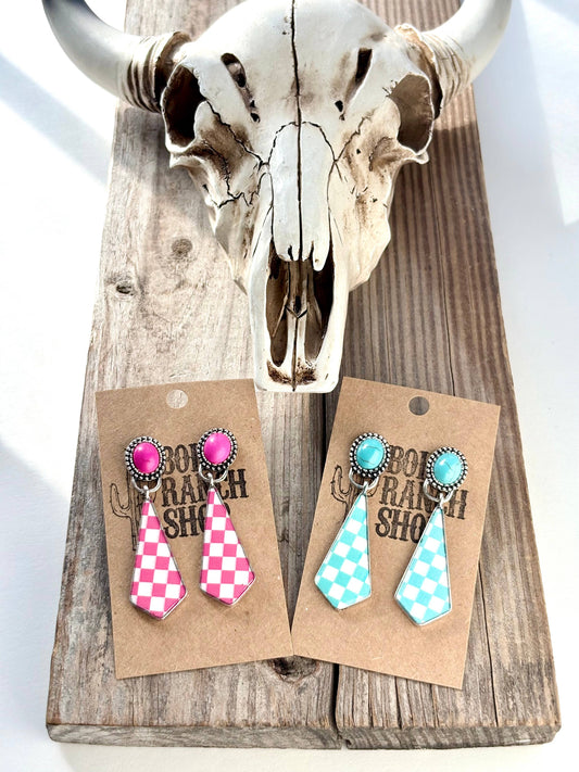 Western Style Stone & Checkerboard Post Drop Dangle Earrings