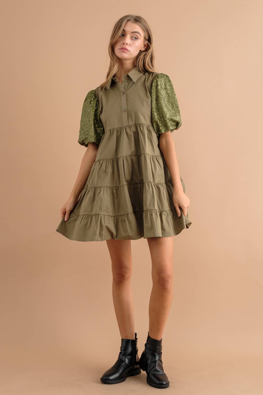Sequin Puff Tiered Button Up Dress