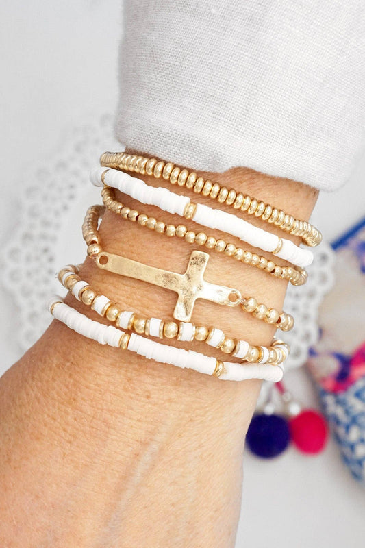 Mini Sideways Cross Bracelet stack Clay and  gold