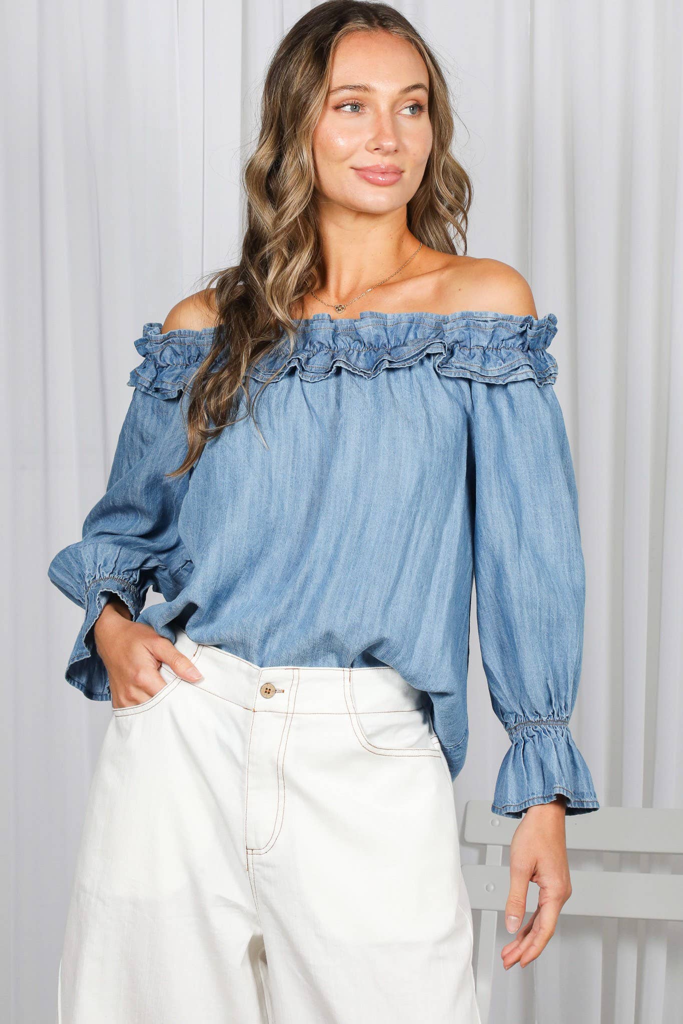 Denim Casual Off Shoulder Chambray Blouse