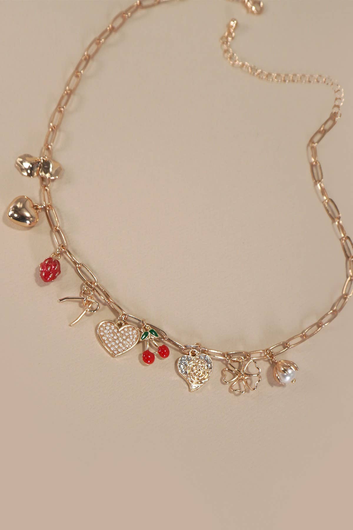 MULTI CHARM BOW CHERRY NECKLACE