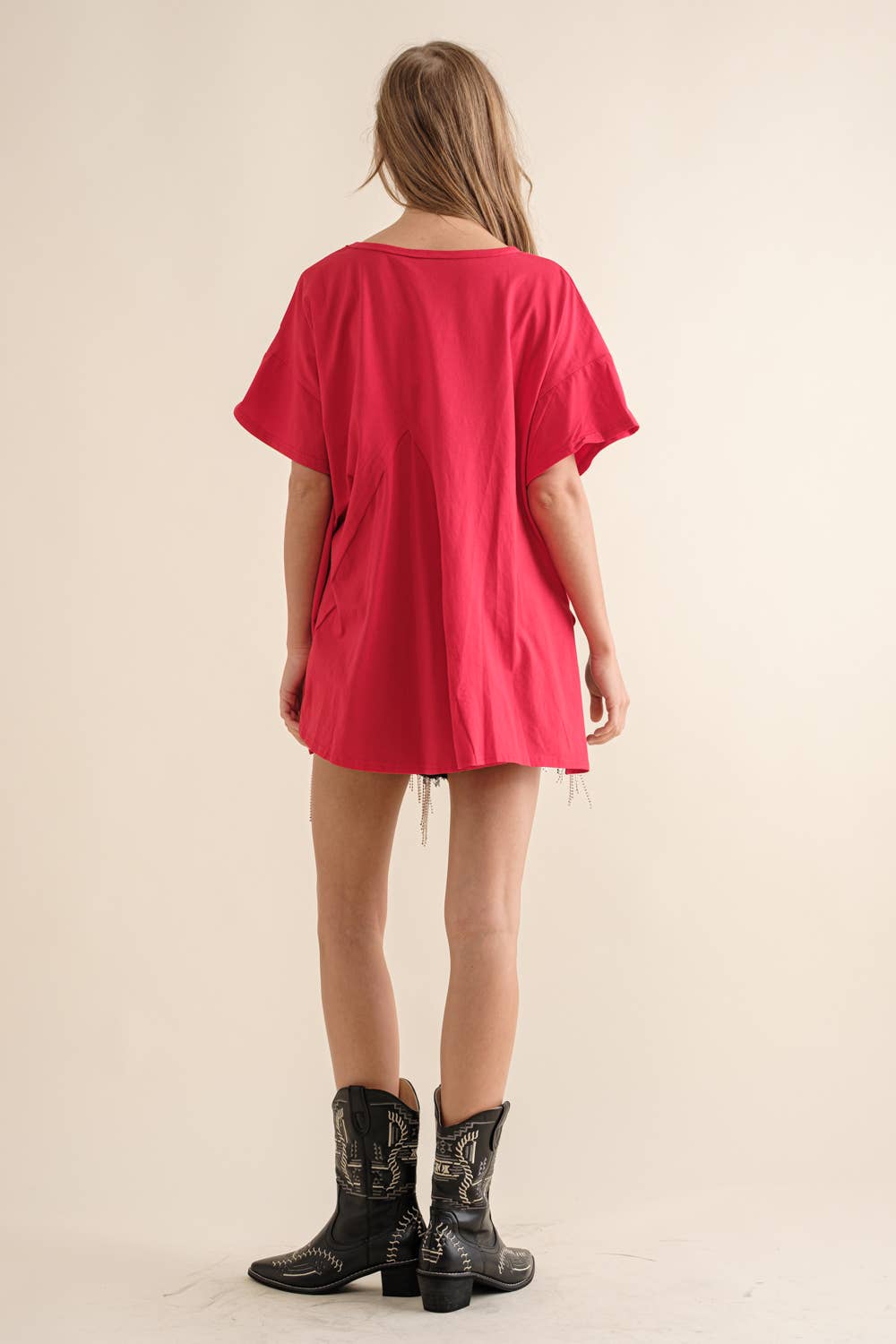 Cotton Sequin Western Boot Fringe Loose Side Tee