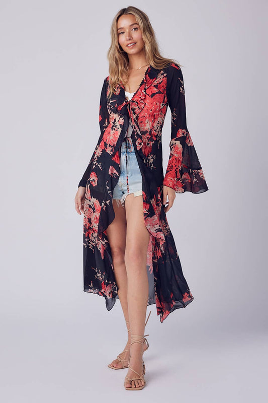 Floral Print Ruffle Kimono