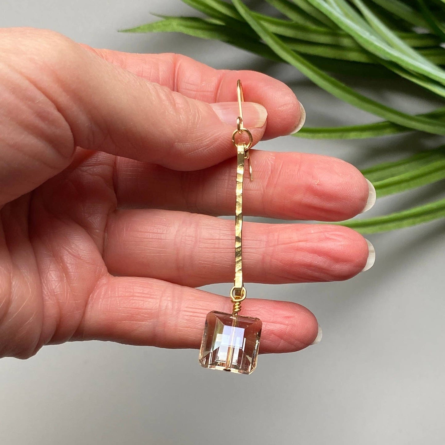 Gold Earrings Hammered Bar and Crystal Drop Dangle