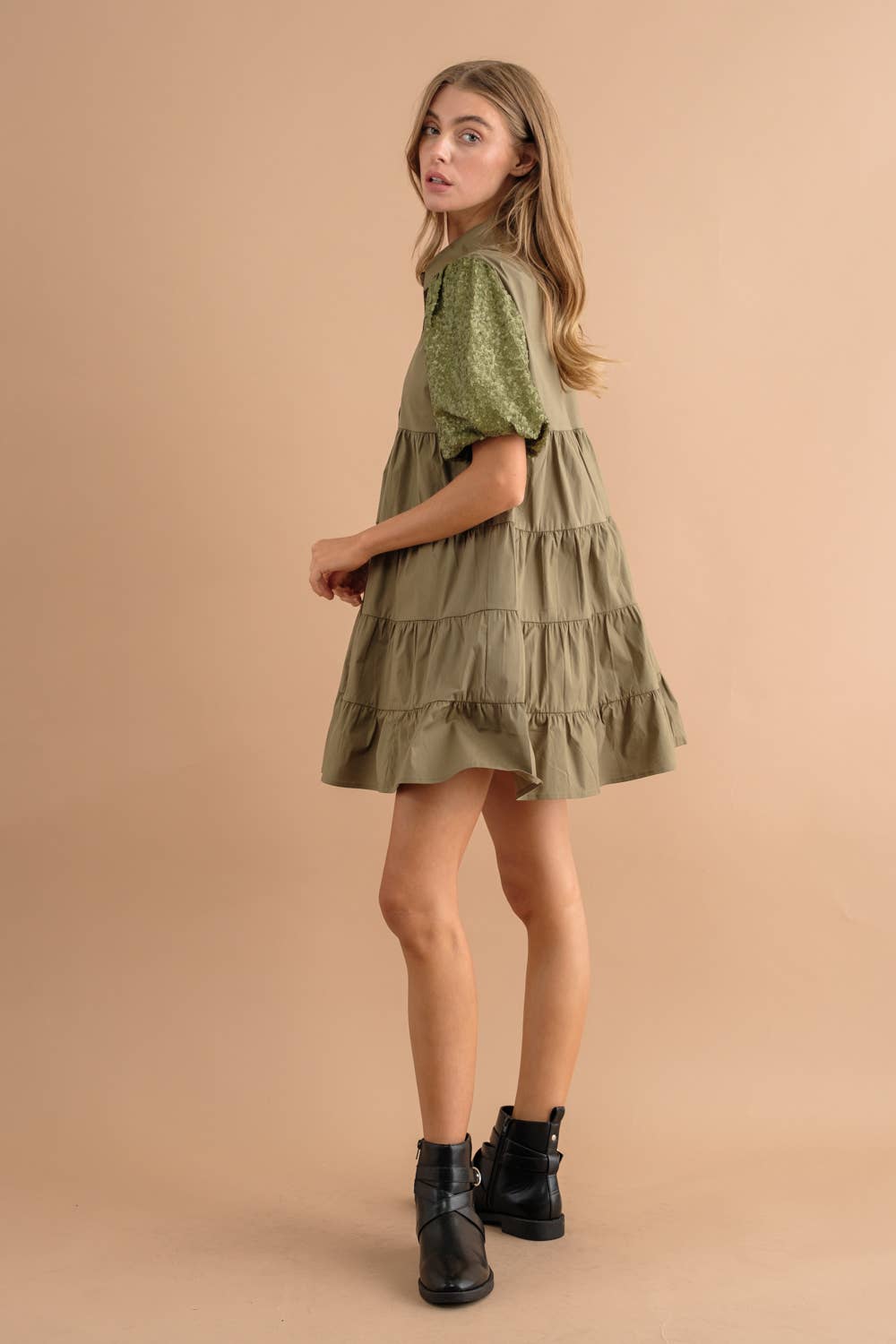 Sequin Puff Tiered Button Up Dress