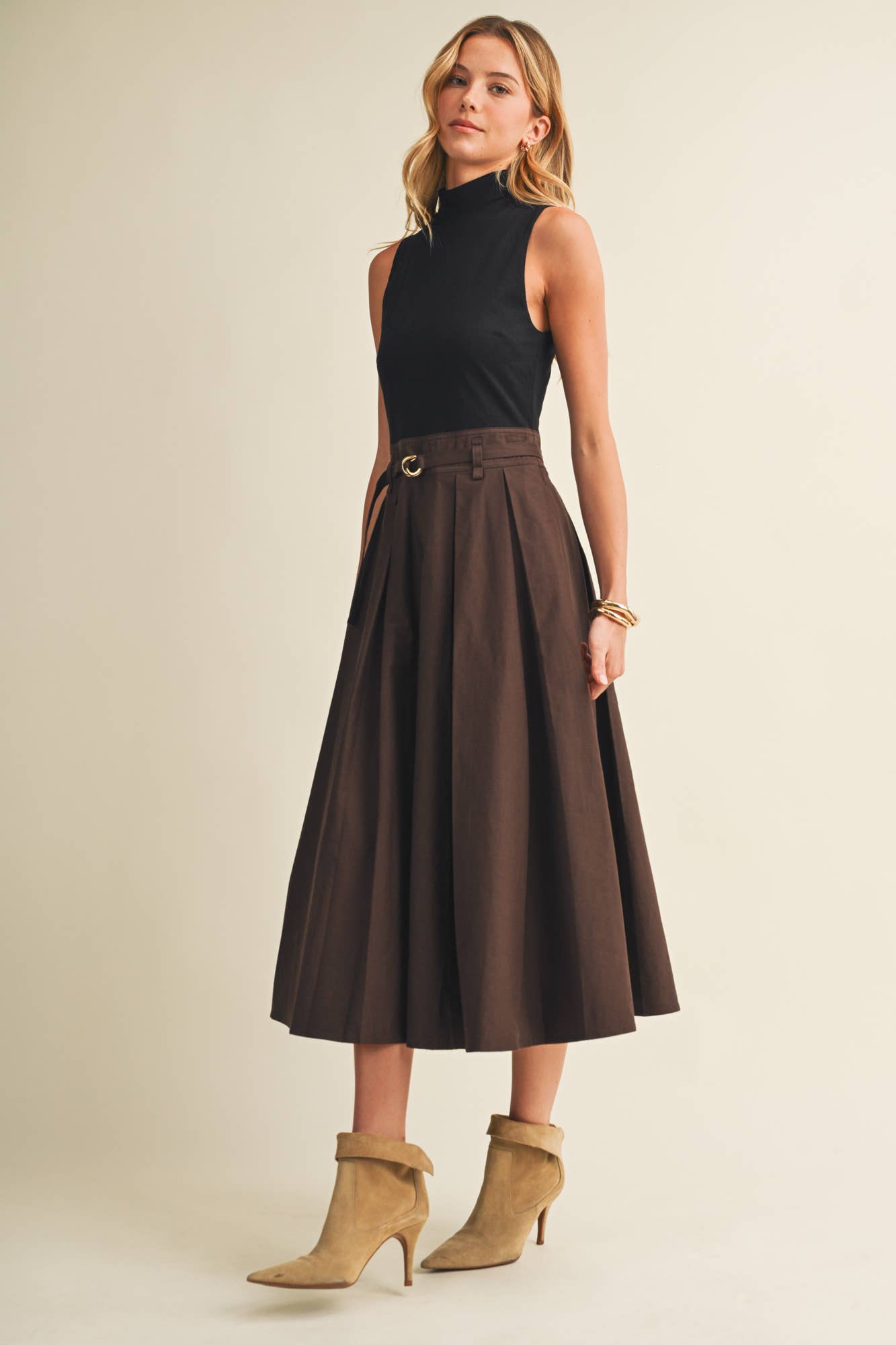 Choco Fondant Pleated Belted Dress