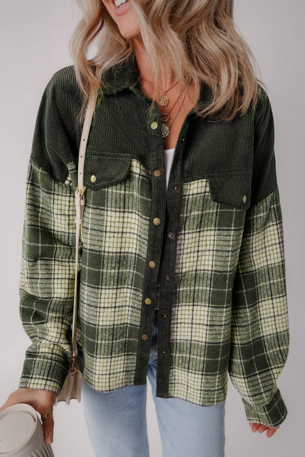Blackish Green Snap Buttons Plaid Shacket