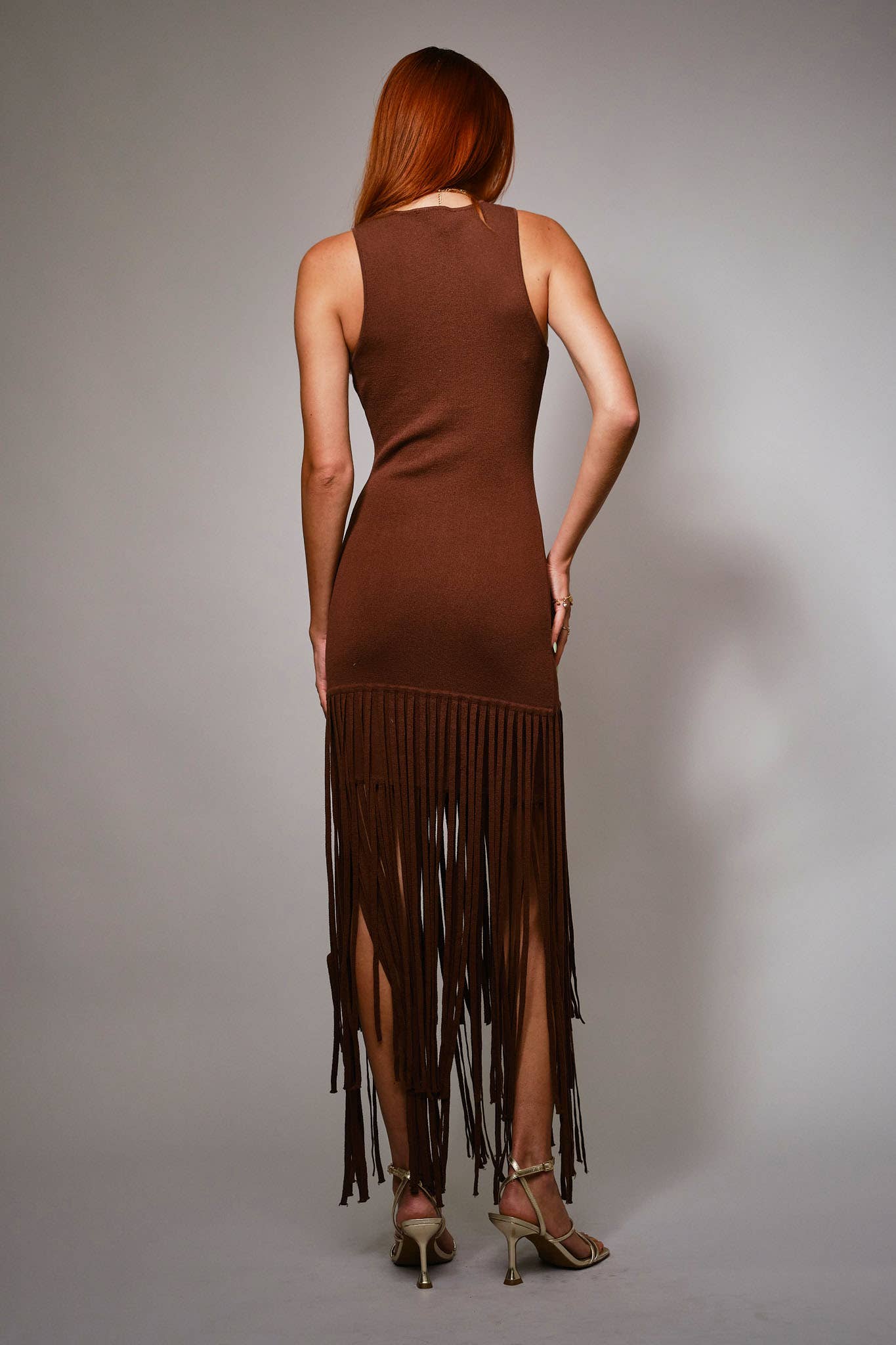 Chocolate Fringe Hem Knit Maxi Dress