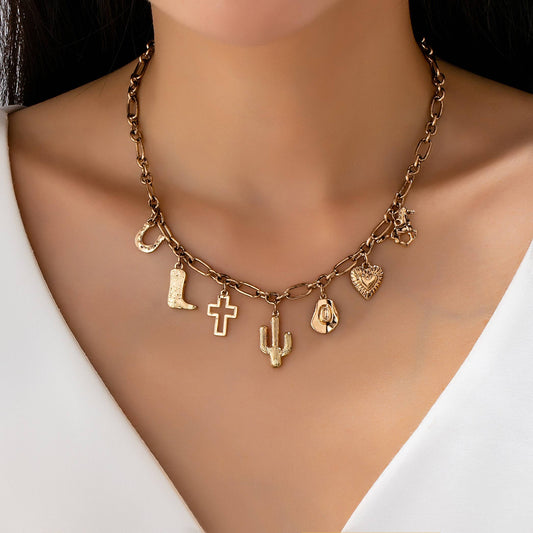 CHARM NECKLACE-WESTERN CROSS HAT HORSESHOE