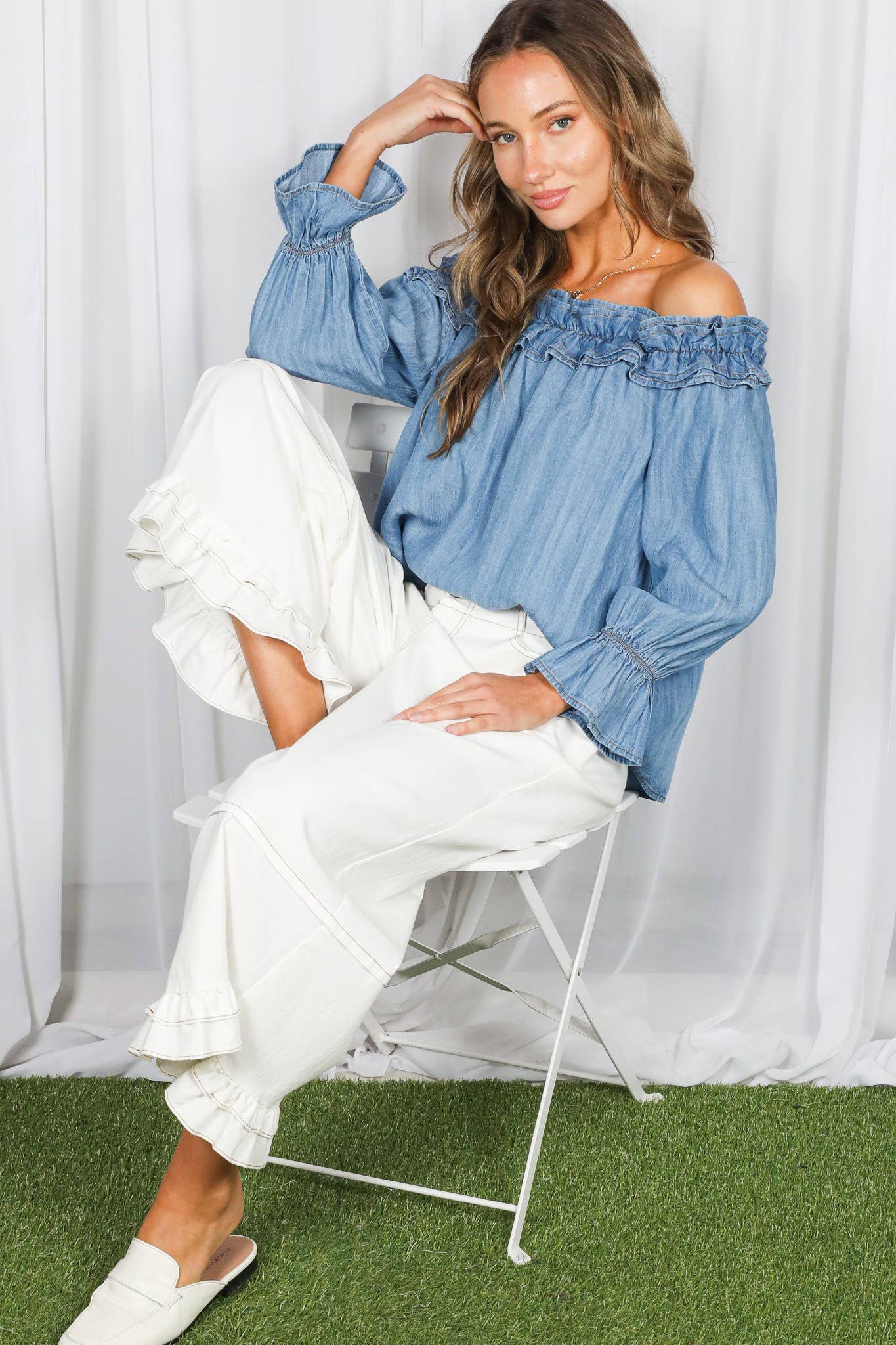 Denim Casual Off Shoulder Chambray Blouse