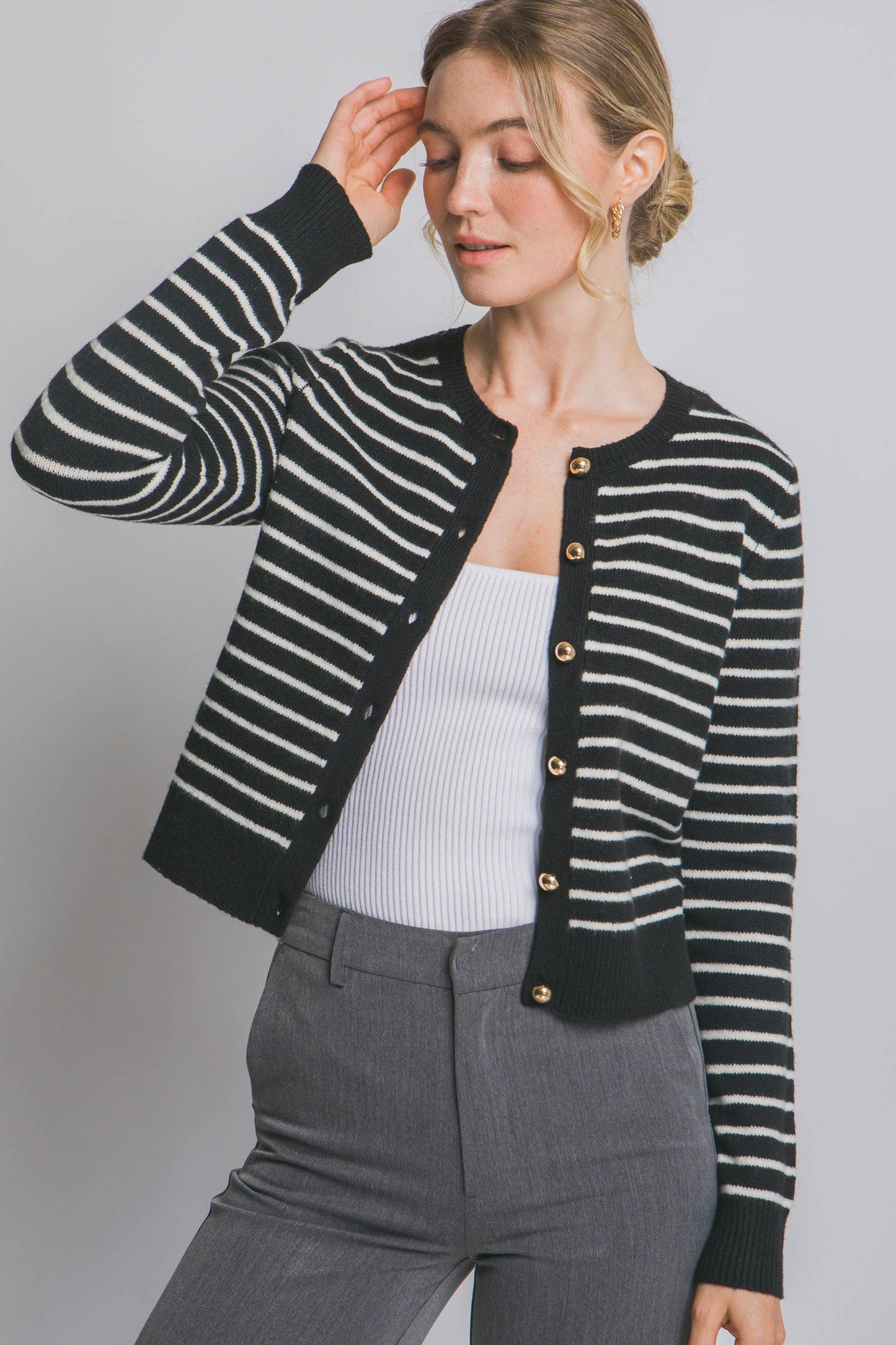 Black Striped Gold Button Cardigan