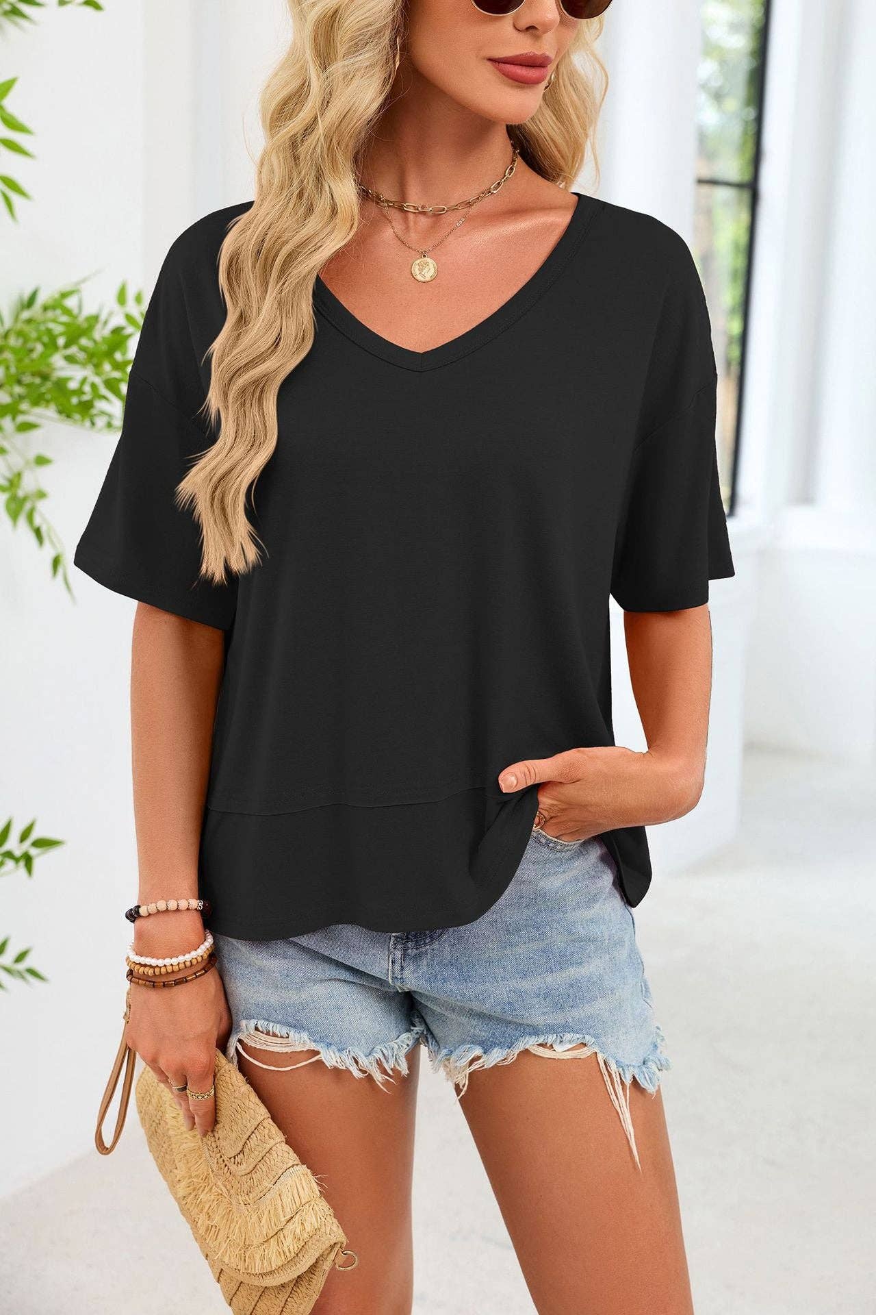 V Neck Loose Fit Tee Casual Short Sleeve Summer Top