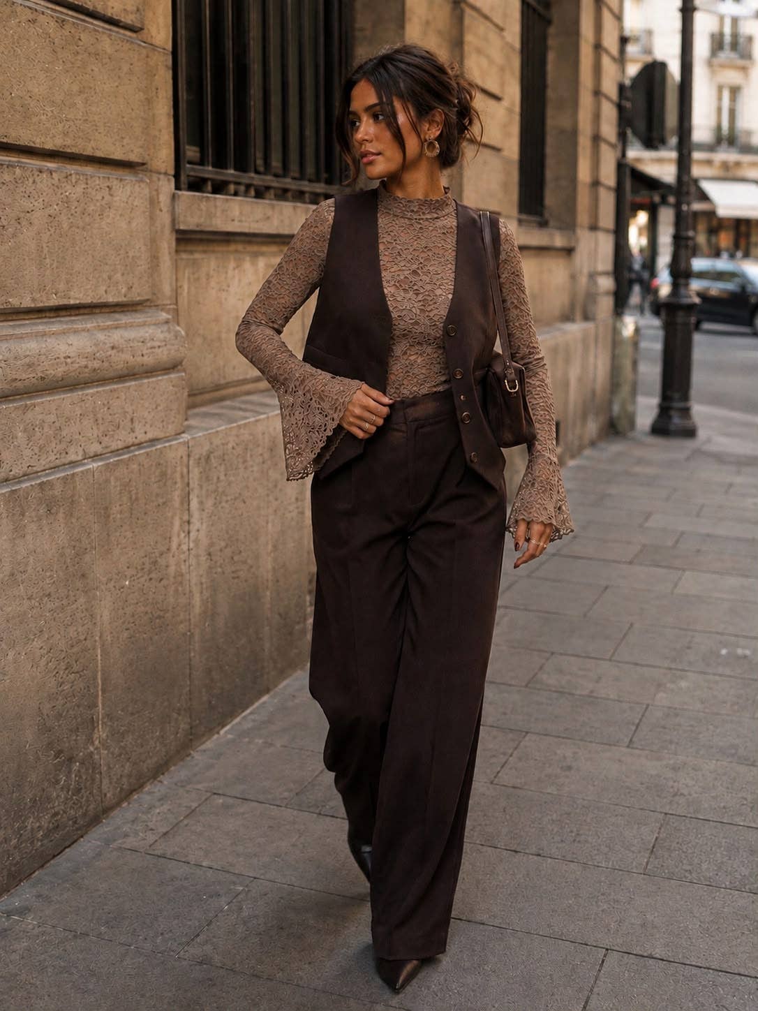 Taupe Lace Bell Sleeve Top