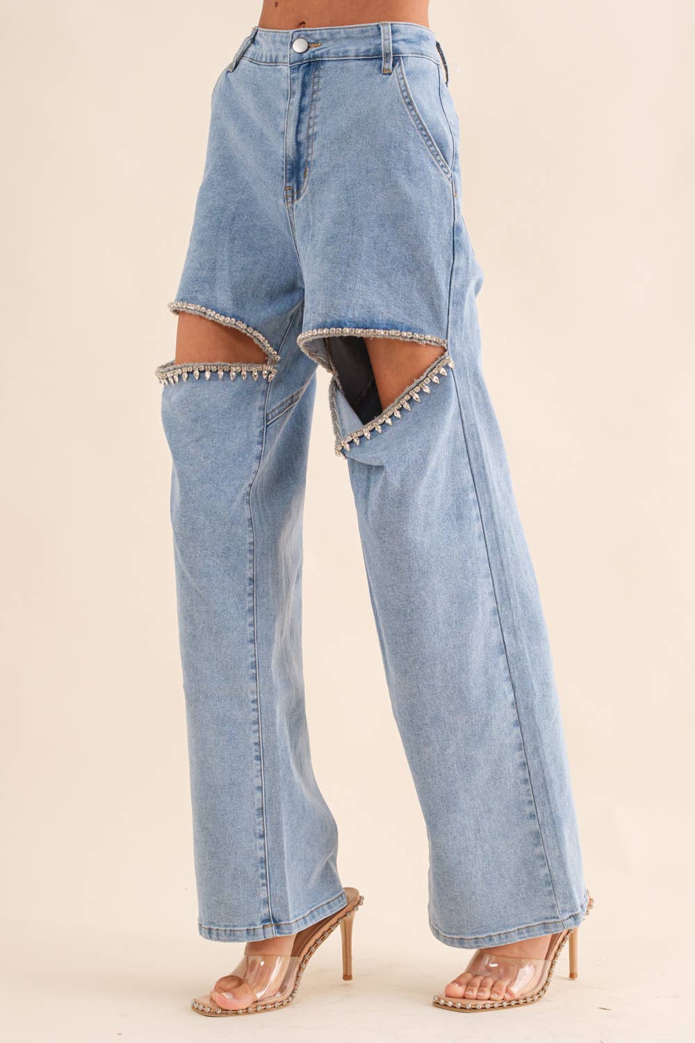 Cut Out Front Rhinestone Washed Denim Jeans: Black / M