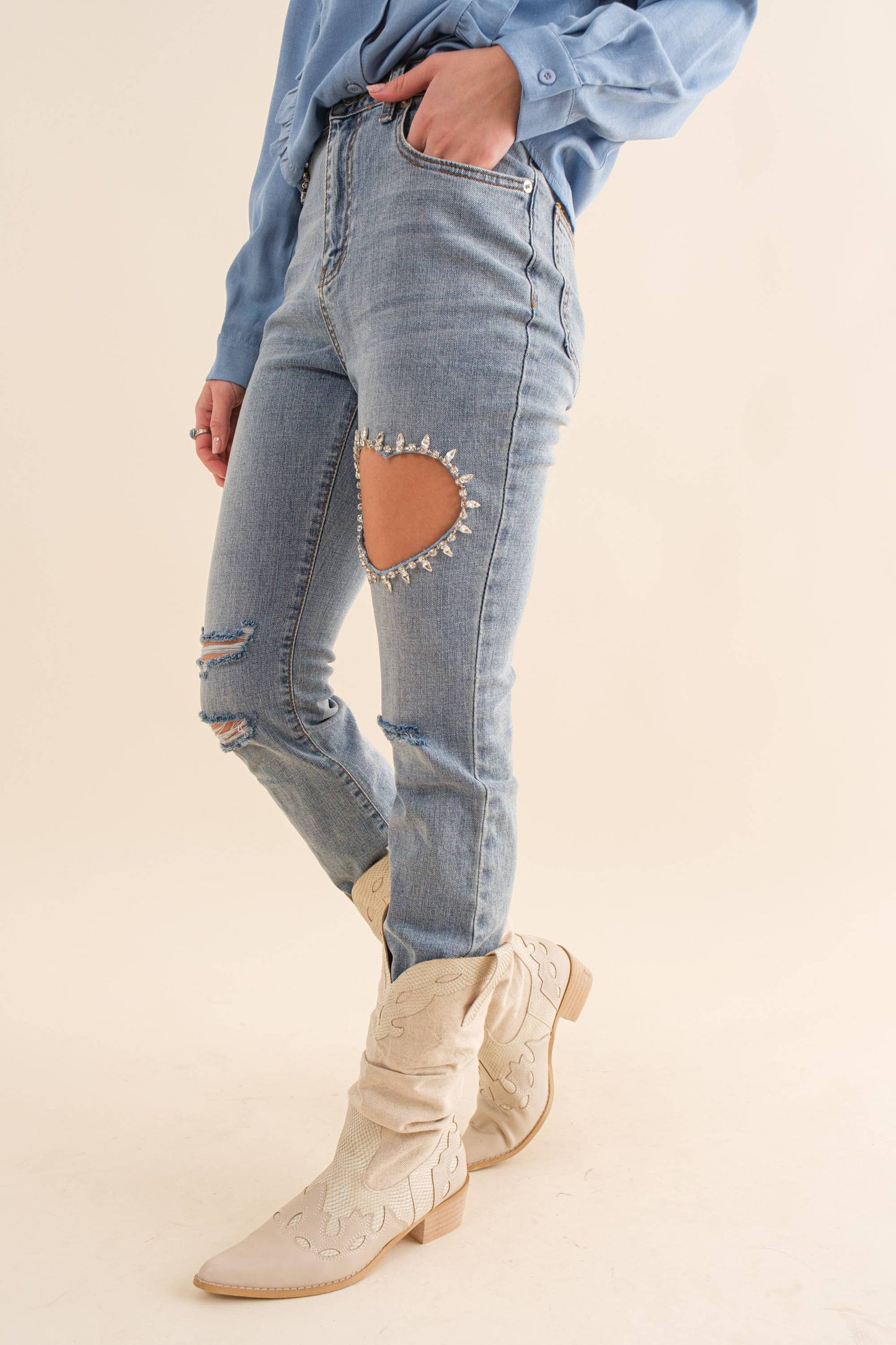 Diamond Heart Cutout Crop Denim Jeans